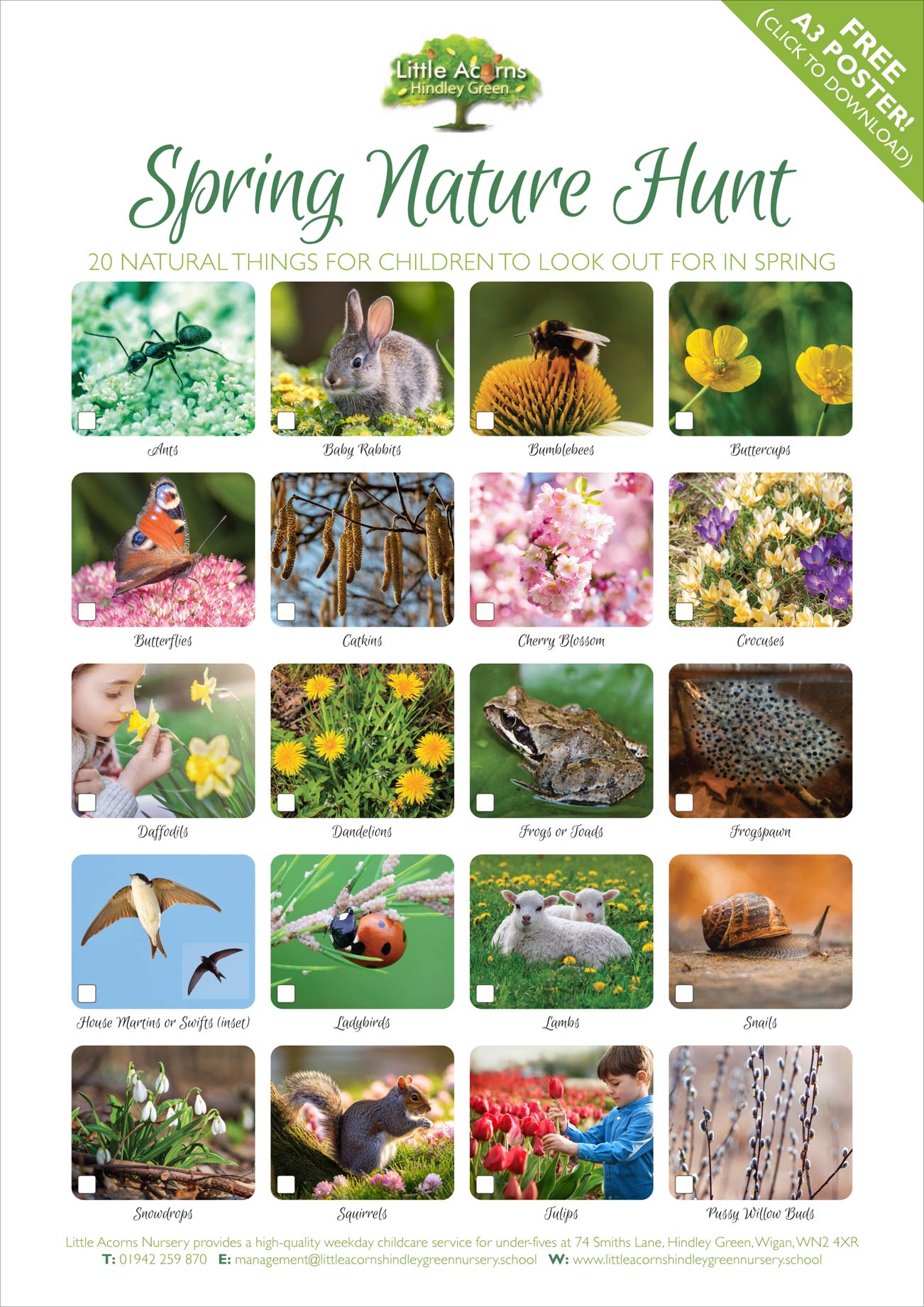 Preview of our free Spring Nature Hunt activity poster – click to view or download.