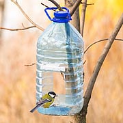 This water bottle bird feeder has a folded-down flap at the front for the birds to land on.