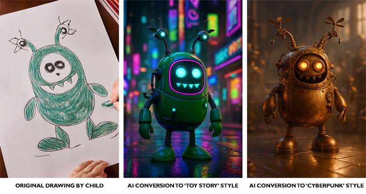 Next time your little one proudly brings you a drawing, why not explore what happens when you let a touch of AI join the fun? Here's a robot example (click to view larger).